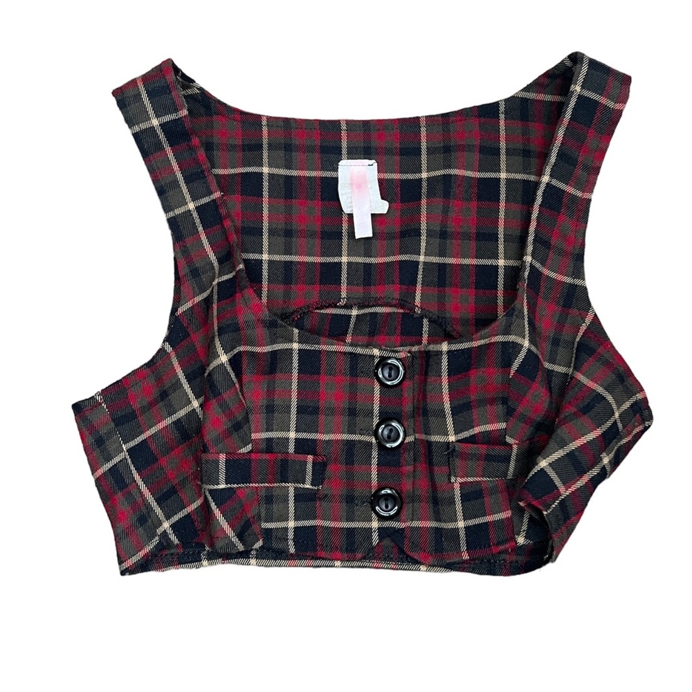 Red & Black Plaid Cropped Vest Button Front